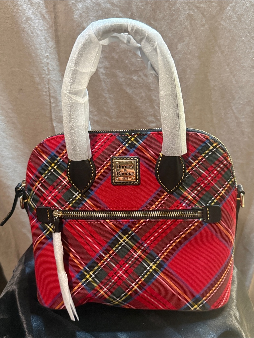 Dooney & Bourke Red Tartan Dome Satchel with Black Trim